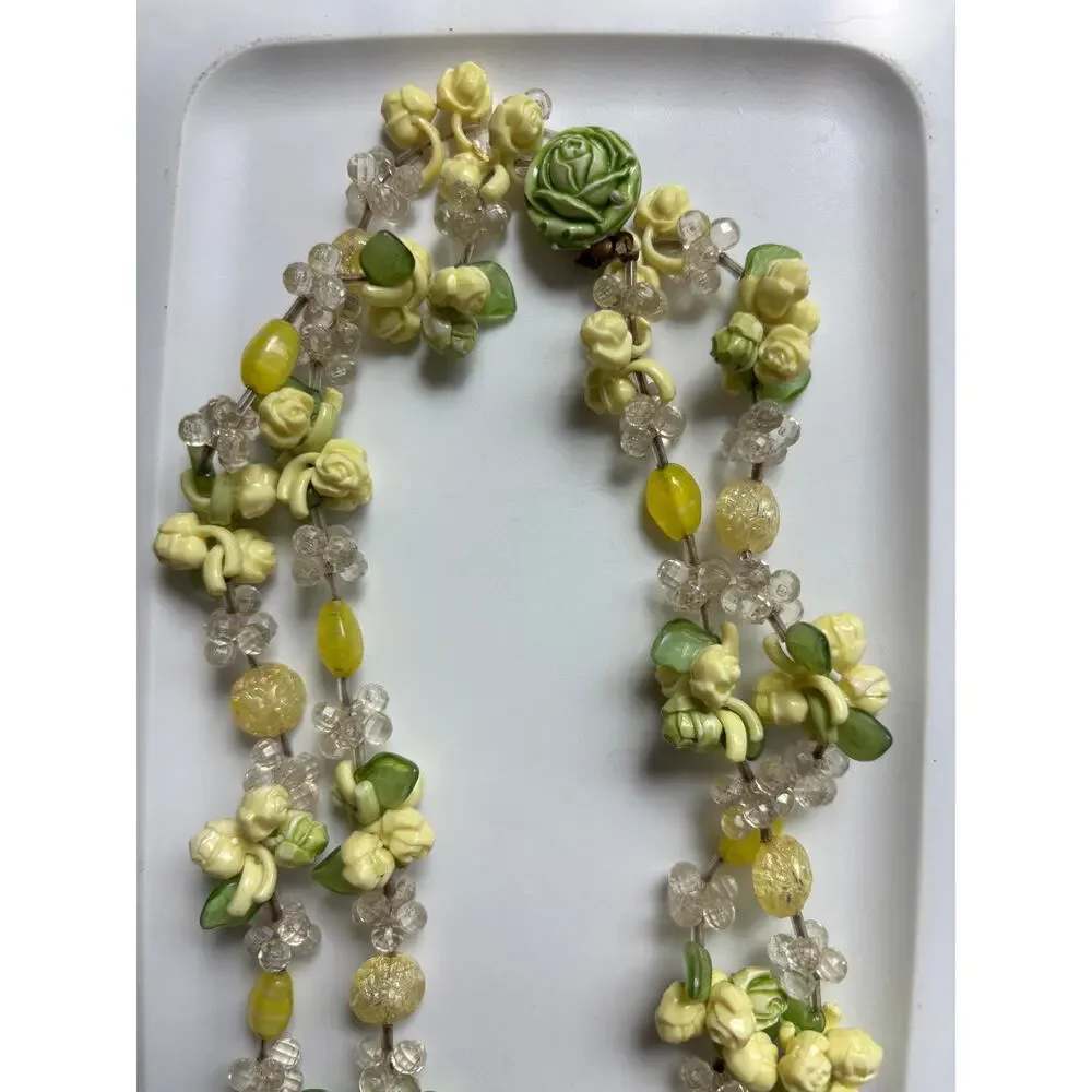 Vintage Multi Strand Floral Fruit Salad Necklace Green Yellow MCM Retro 20